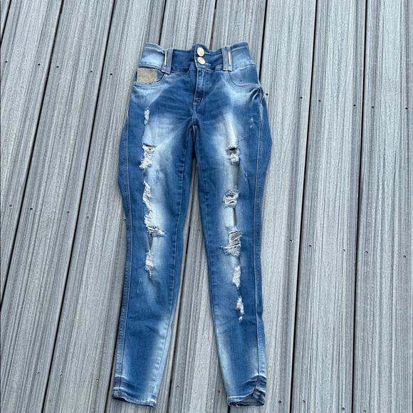 RARE Pit Bull - distressed high rise skinny with bling blue jeans - size 6 - Picture 2 of 10